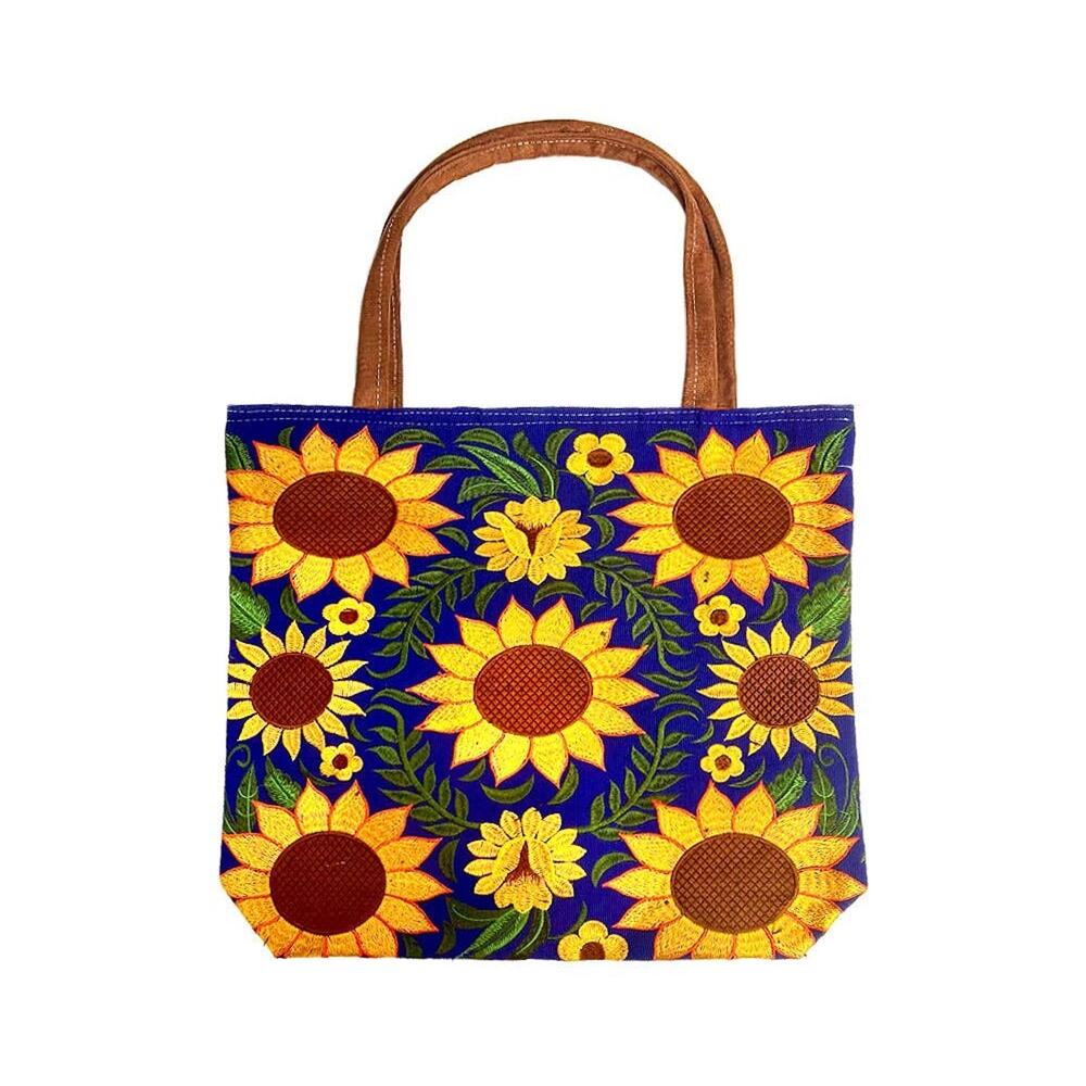 "Boho Sunflower" Embroidered Floral Suede Tote Bag